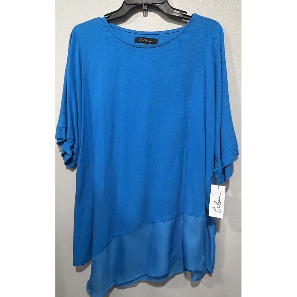 Calesse NWT XL  blue asymmetrical tunic top chiffon overlay and short sleeves.